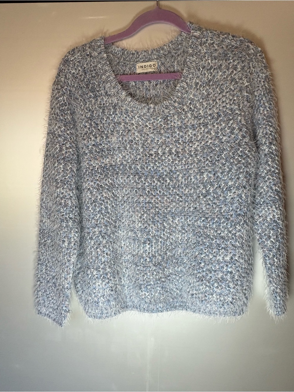 Indigo Fuzzy Knit Crewneck Sweater in Light Blue and White